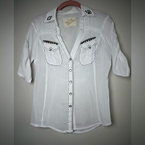 Soul Revival Sheer White Button-Front Blouse with Contrast Stitching